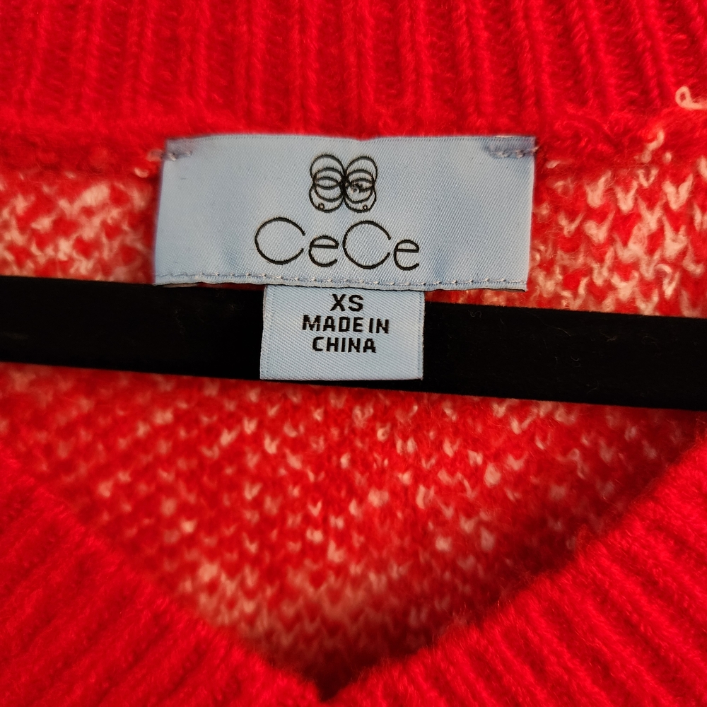 CeCe Red V-Neck Sweater with White Heart Pattern - Picture 3 of 6